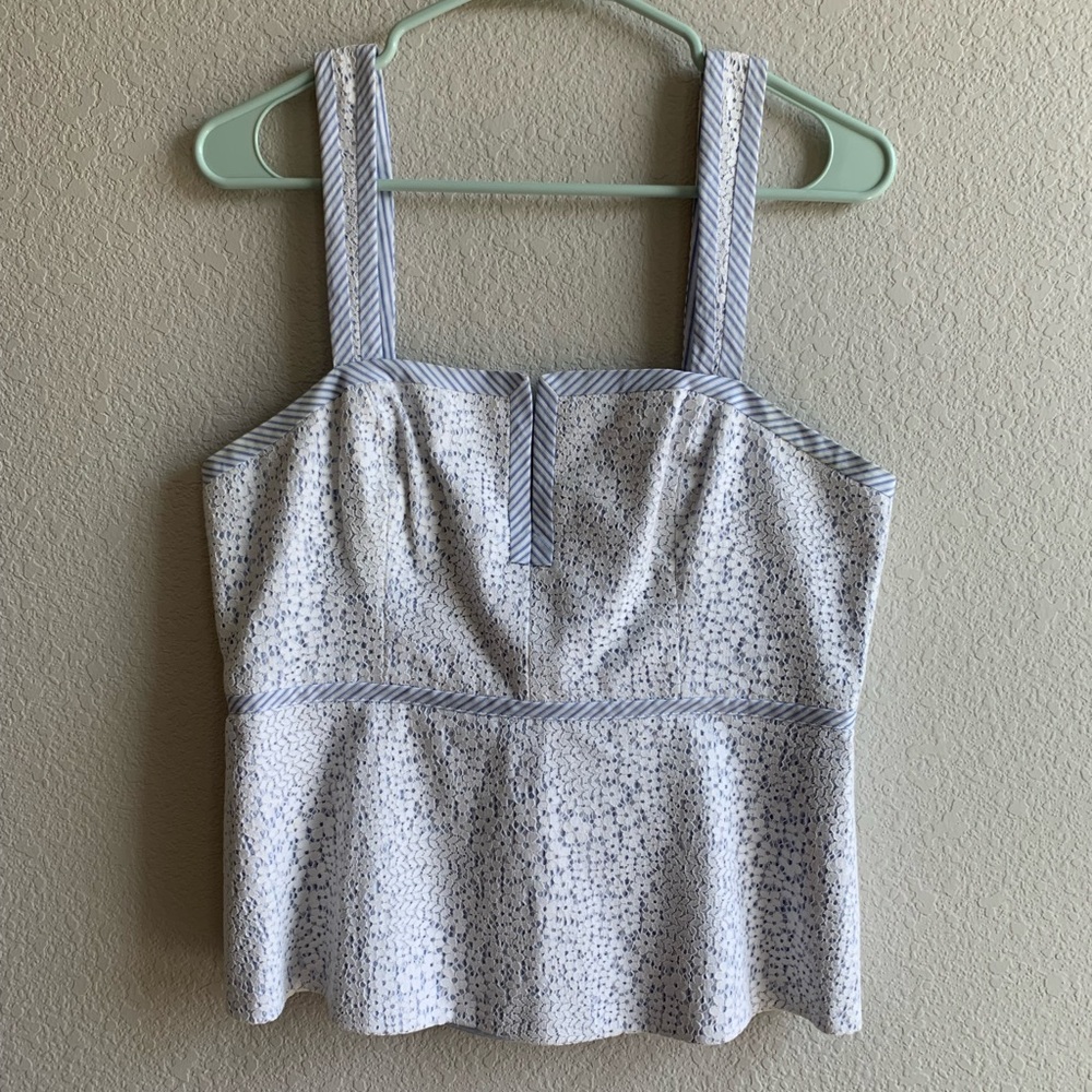 BCBGMaxazria blue and white blouse.